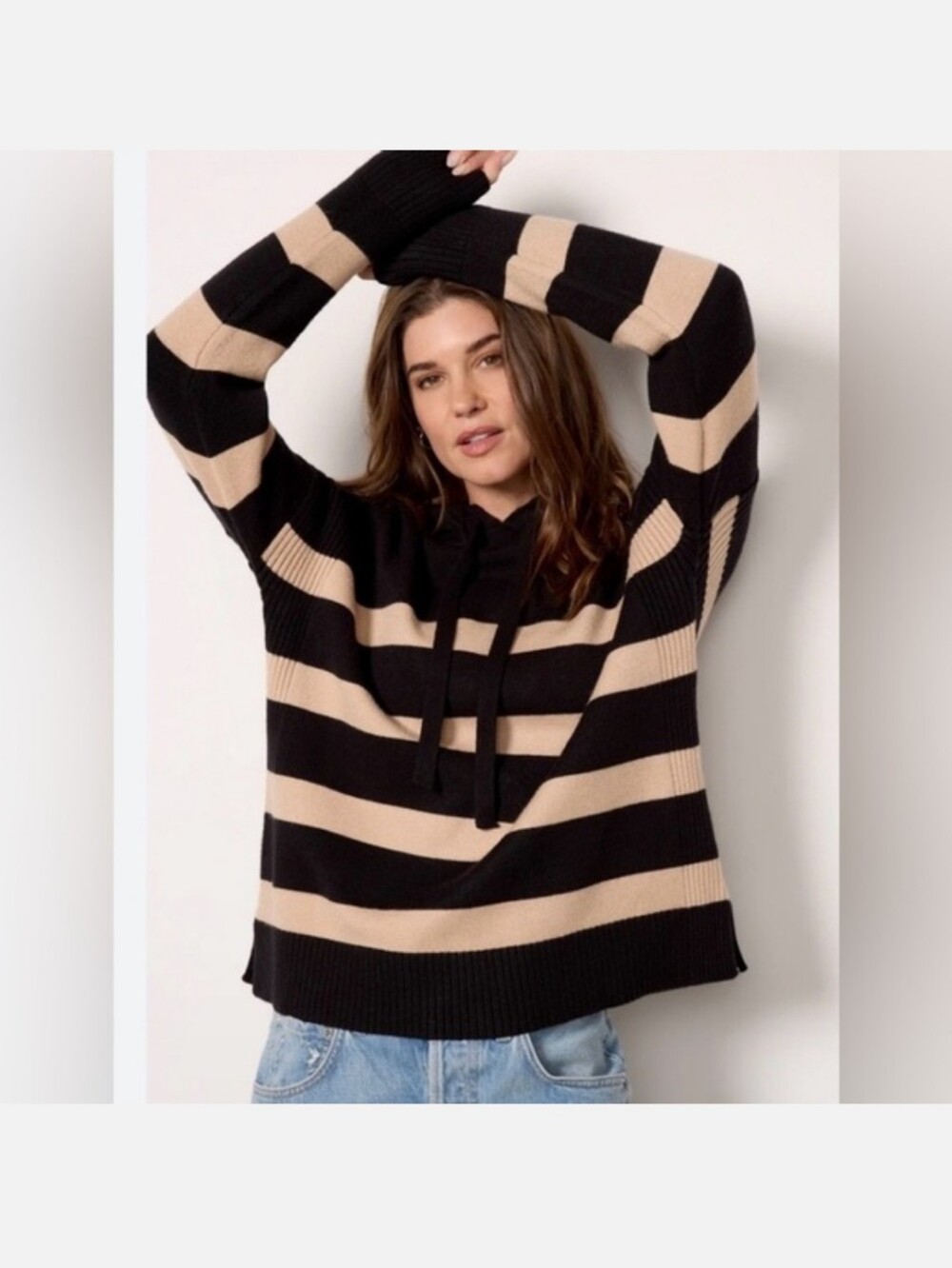 Evereve Womens Striped Knit Pullover Hoodie Black Tan Medium neutral minimalist